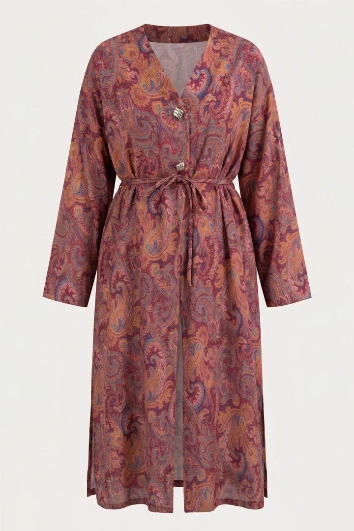 Şal Desen Düğmeli Kimono Y0127 - MÜRDÜM |  
