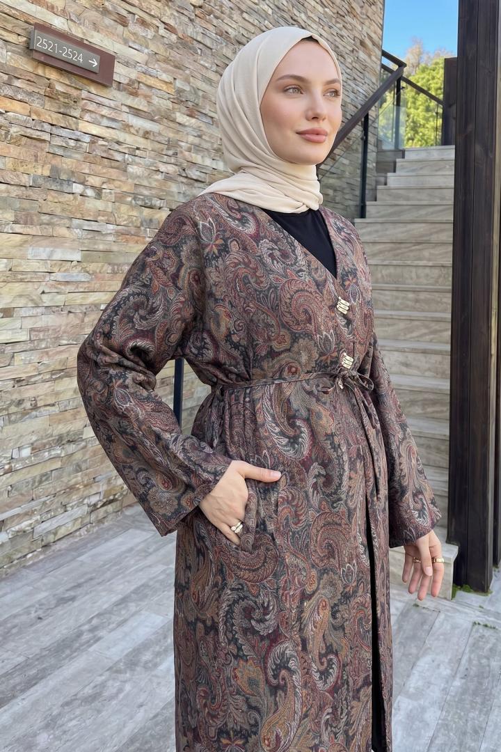 Şal Desen Düğmeli Kimono Y0127 - KAHVE |  