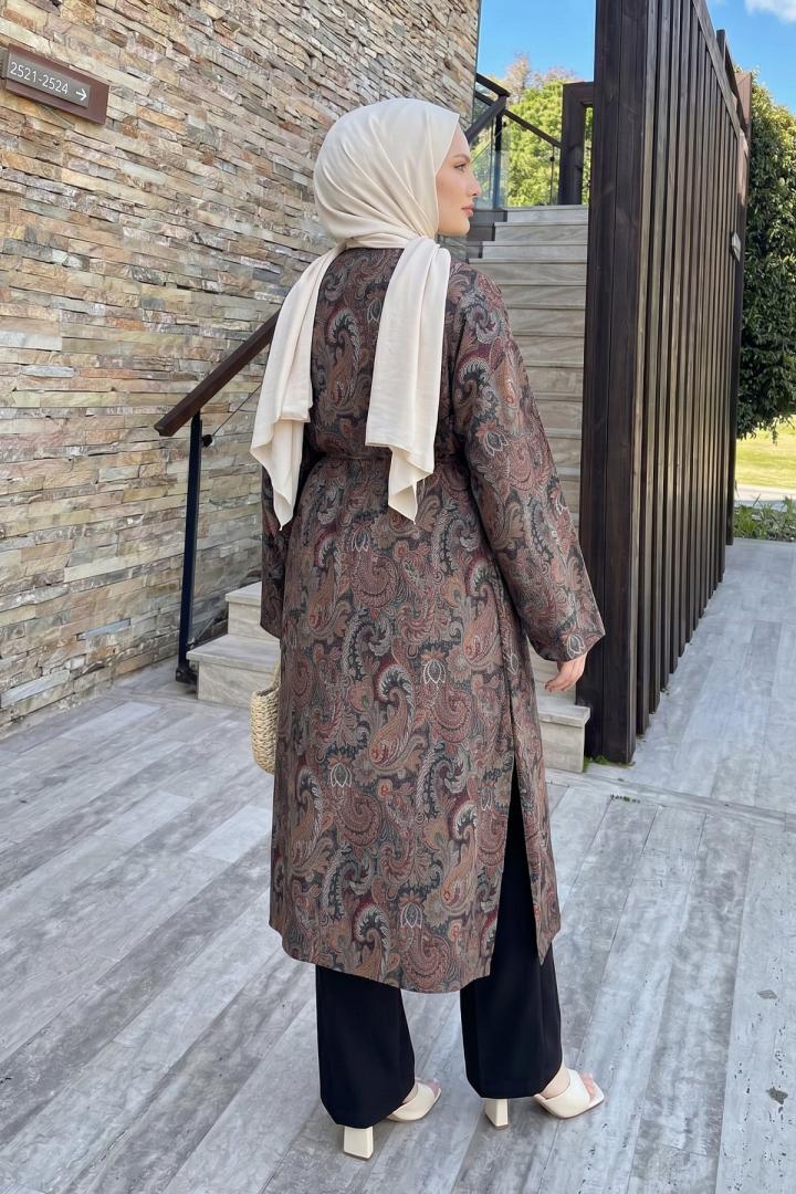 Şal Desen Düğmeli Kimono Y0127 - KAHVE |  