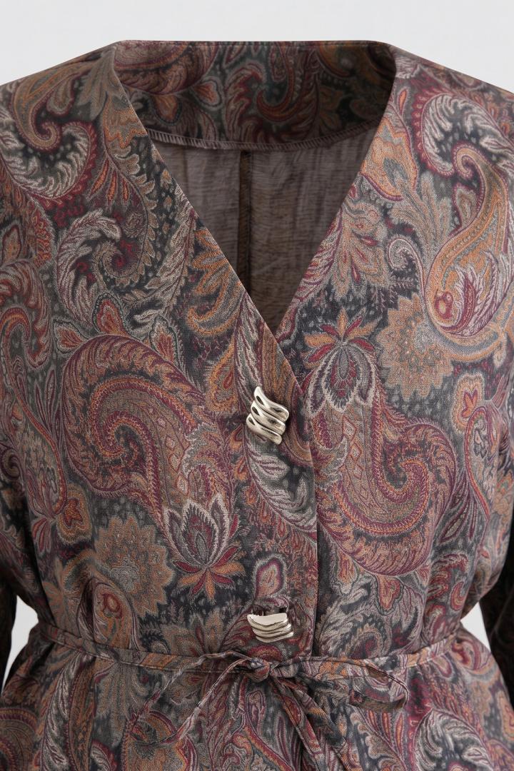 Şal Desen Düğmeli Kimono Y0127 - KAHVE |  
