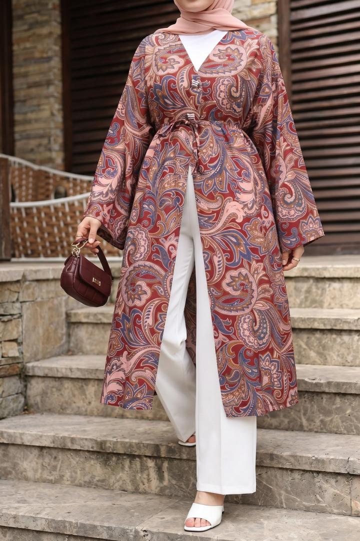 Etnik Desen Düğmeli Kimono Y0127 - BORDO |  