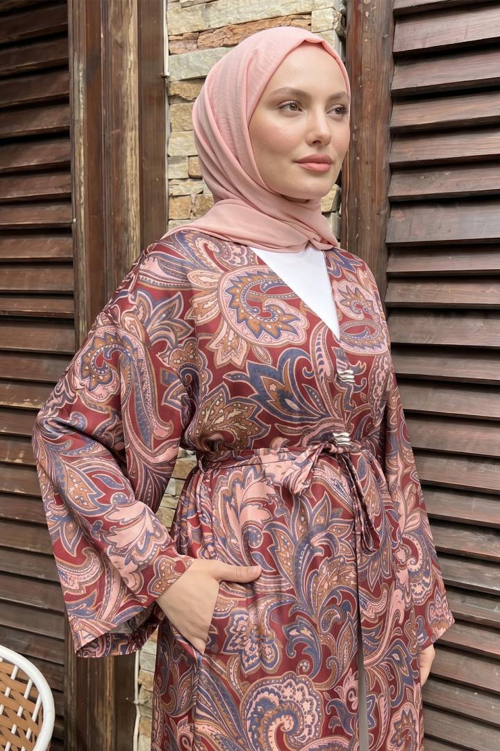 Etnik Desen Düğmeli Kimono Y0127 - BORDO |  