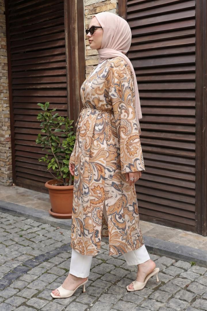 Etnik Desen Düğmeli Kimono Y0127 - KREM |  