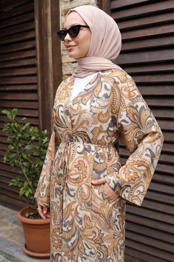 Etnik Desen Düğmeli Kimono Y0127 - KREM |  