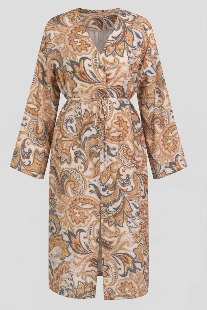 Etnik Desen Düğmeli Kimono Y0127 - KREM |  