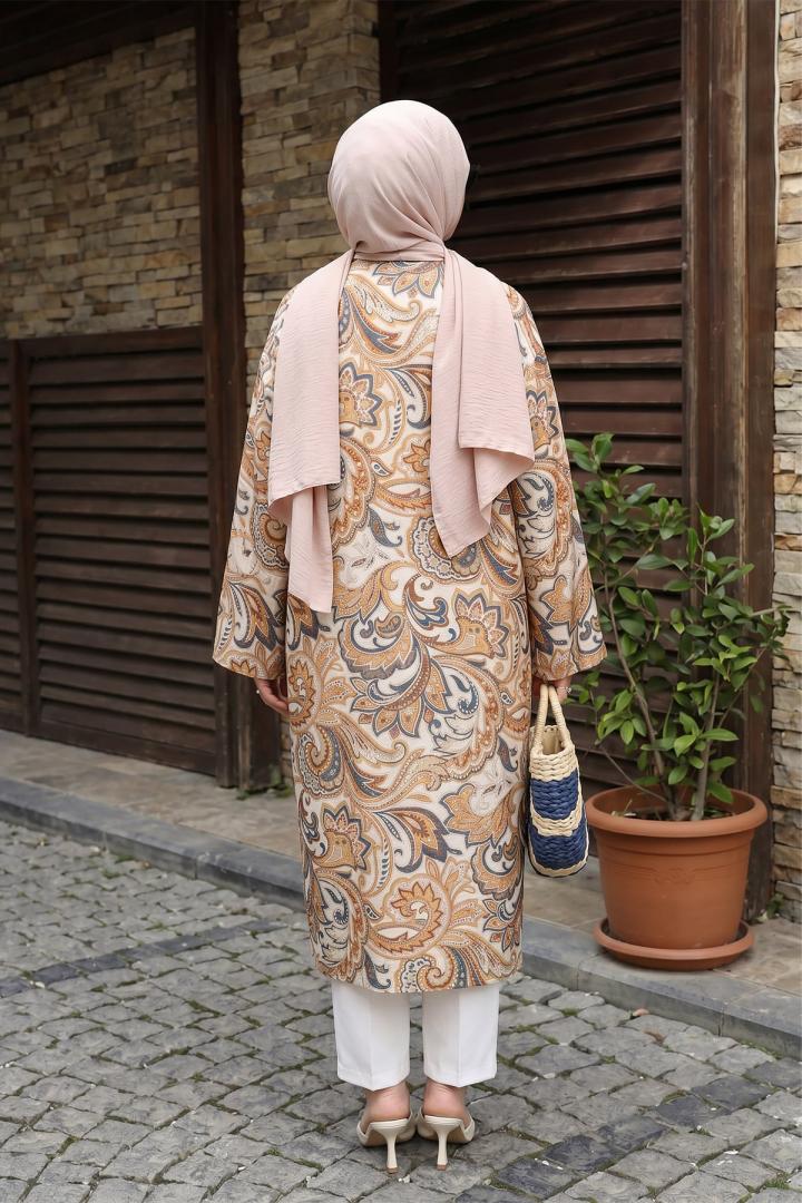 Etnik Desen Düğmeli Kimono Y0127 - KREM |  