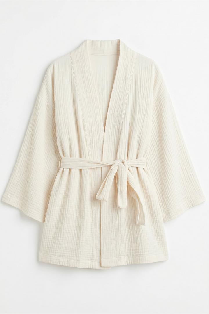 Kuşak Detaylı Bürümcük Kimono 2377 - KREM |  