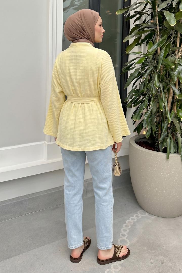 Kuşak Detaylı Bürümcük Kimono 2377 - SARI | Salih Çelebi 