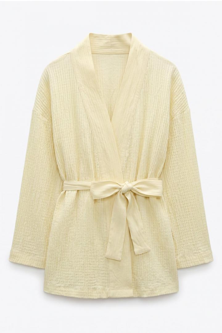 Kuşak Detaylı Bürümcük Kimono 2377 - SARI | Salih Çelebi 