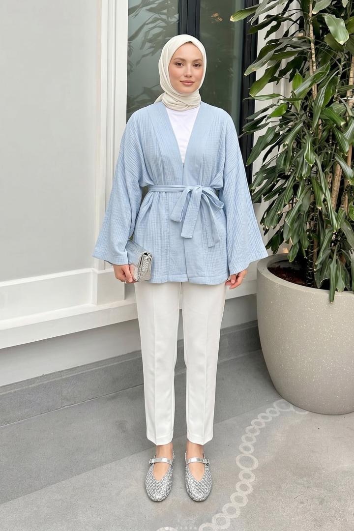 Kuşak Detaylı Bürümcük Kimono 2377 - BEBE MAVİSİ |  