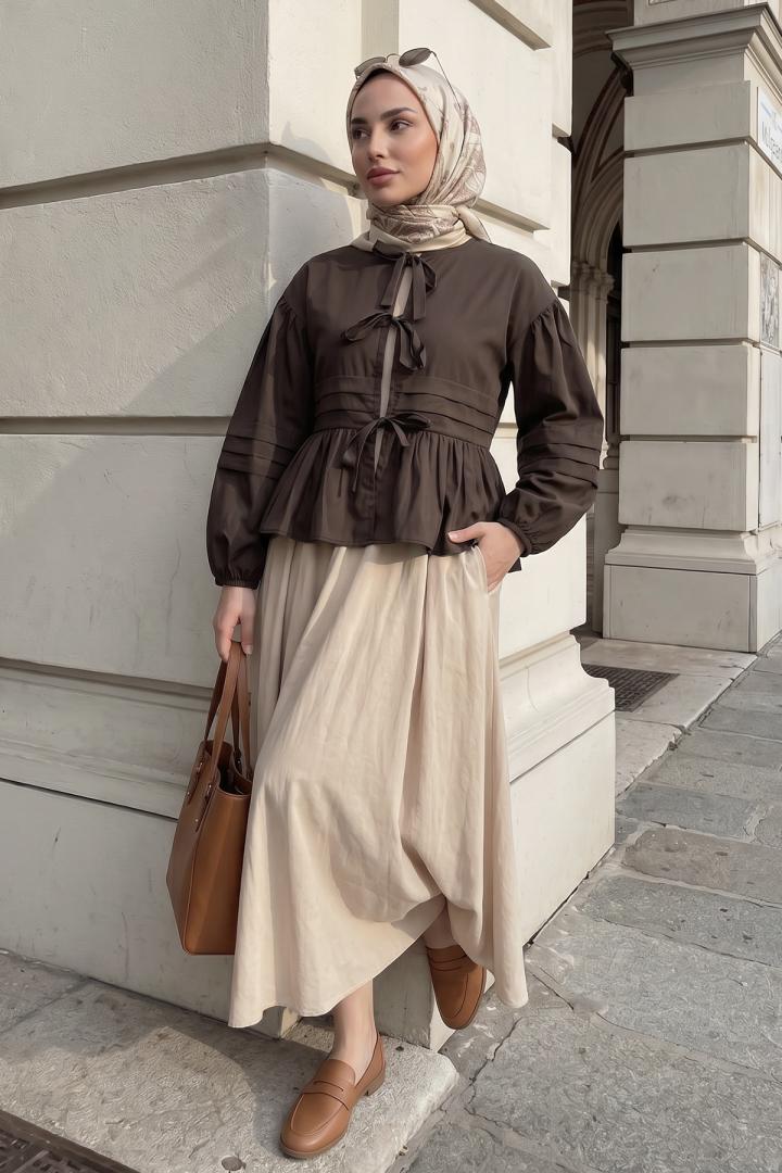 Bağcıklı Etek Üstü Kimono Y0126 - KAHVE |  