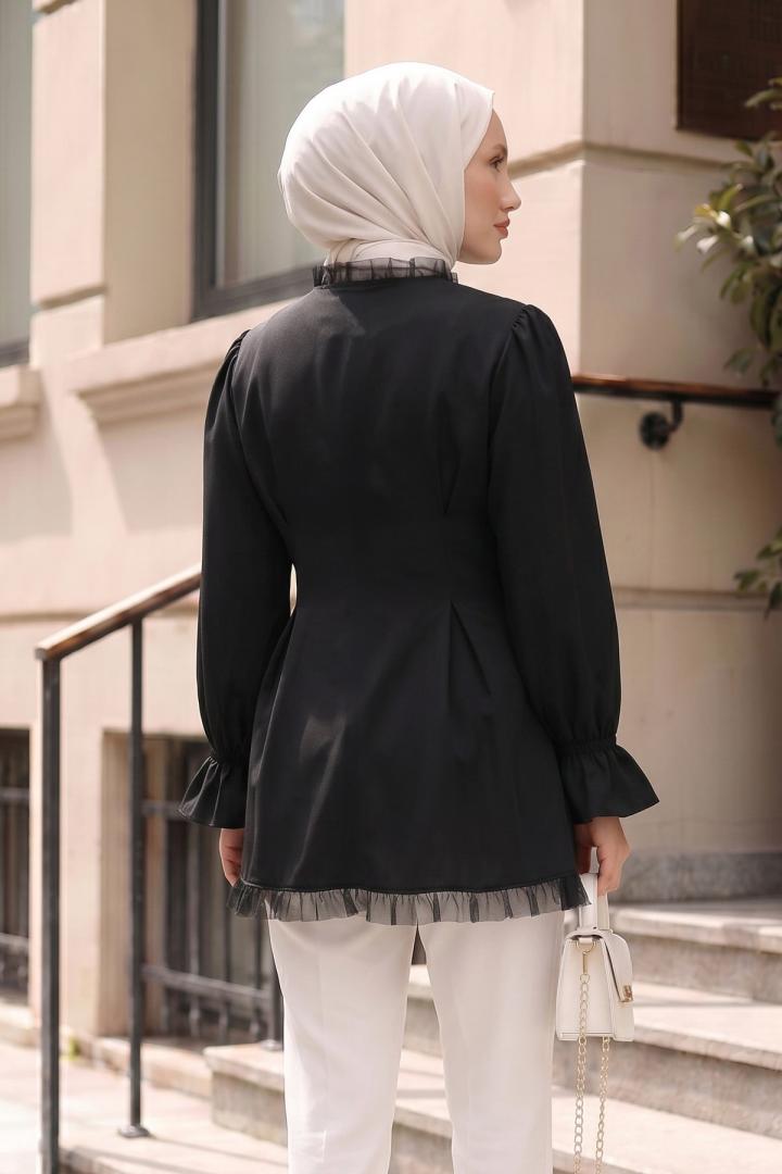 Tül Detaylı Tunik Y0078 - SİYAH |  