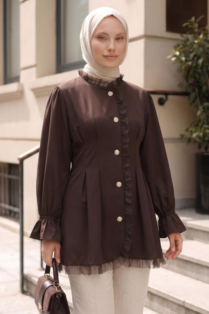 Tül Detaylı Tunik Y0078 - KAHVE |  