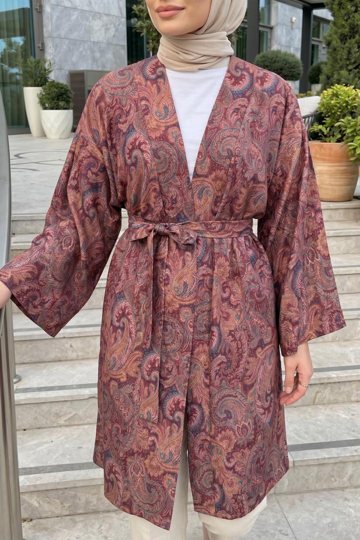 Şal Desenli Uzun Kimono 2397 - MÜRDÜM |  