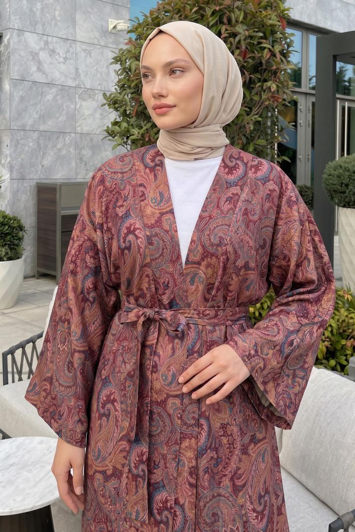 Şal Desenli Uzun Kimono 2397 - MÜRDÜM |  