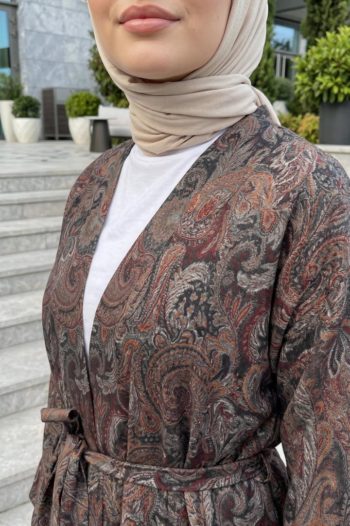 Şal Desenli Uzun Kimono 2397 - KAHVE | Salih Çelebi 