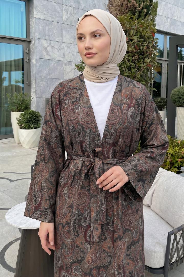 Şal Desenli Uzun Kimono 2397 - KAHVE | Salih Çelebi 