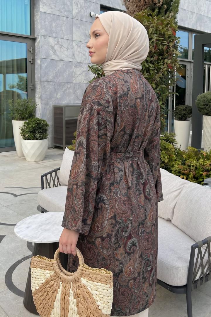 Şal Desenli Uzun Kimono 2397 - KAHVE | Salih Çelebi 