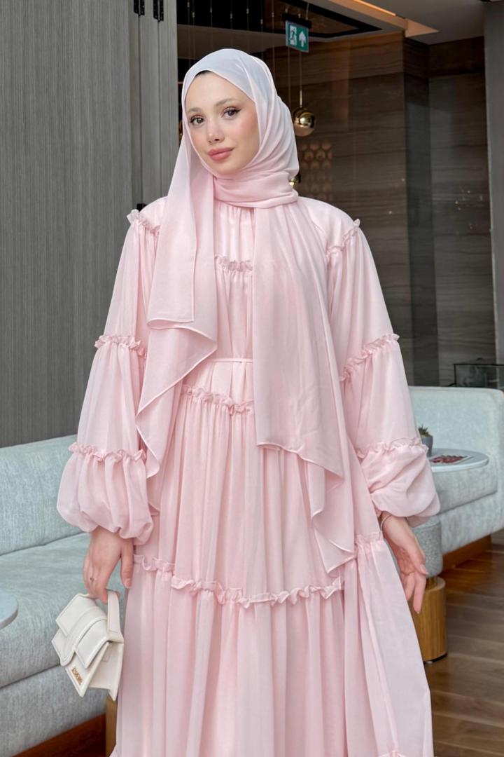 Şifon Fırfırlı Elbise 9886 - PEMBE | Salih Çelebi 
