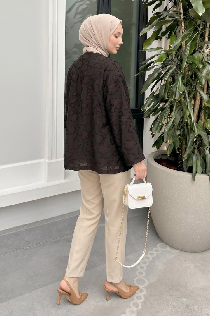 Jakar Detaylı Kimono Y0111 - ACI KAHVE |  