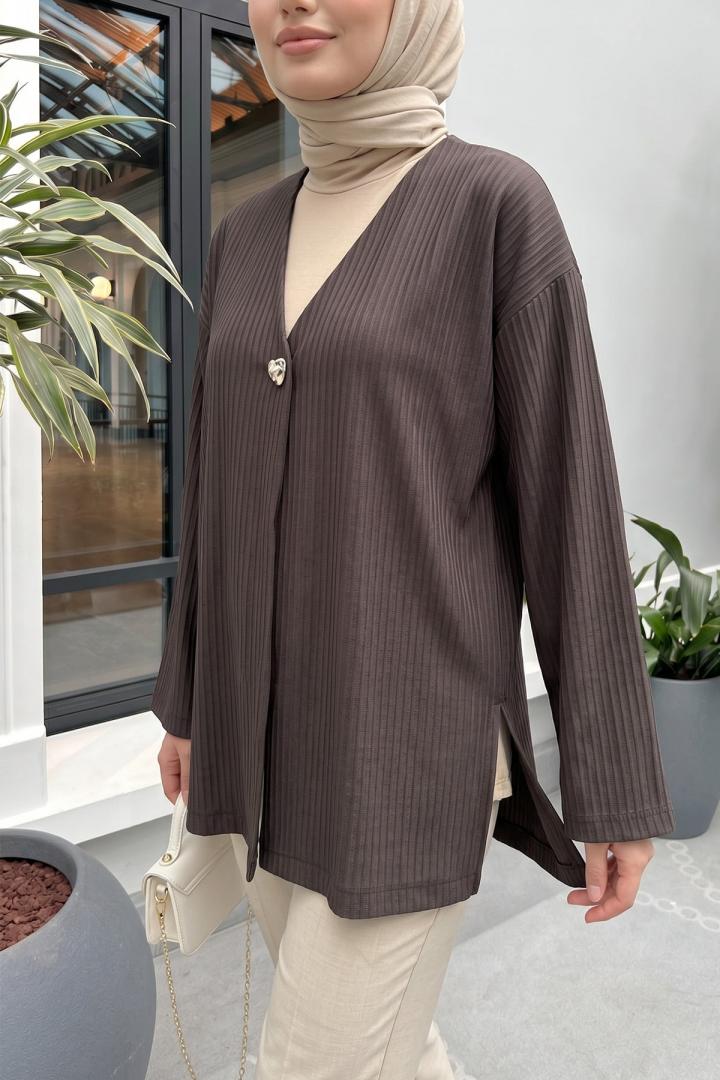Tek Düğmeli Kimono Y0130 - KAHVERENGİ |  