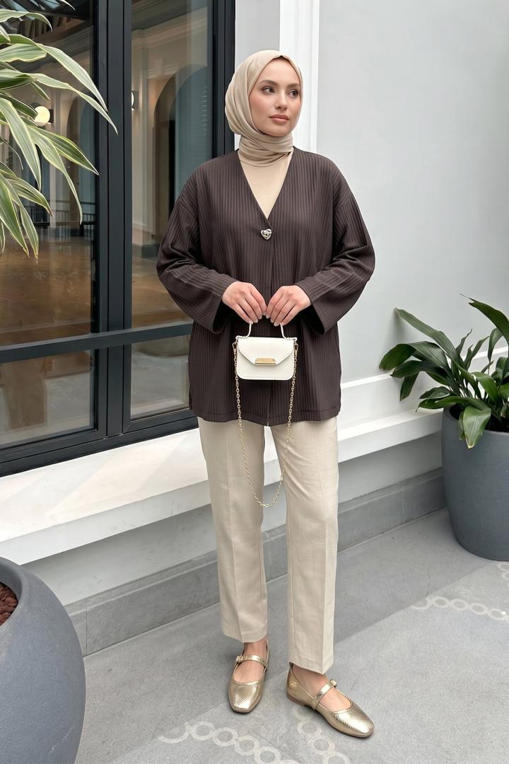 Tek Düğmeli Kimono Y0130 - KAHVERENGİ |  