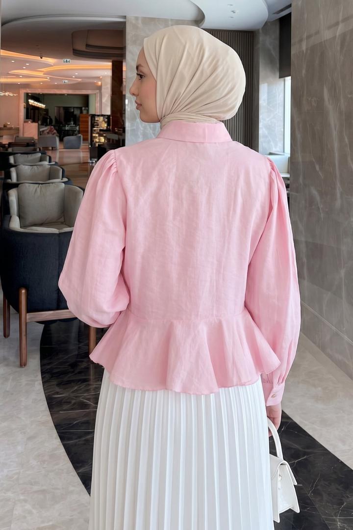 Volan Detaylı Balon Kol Gömlek Y0095 - PEMBE |  