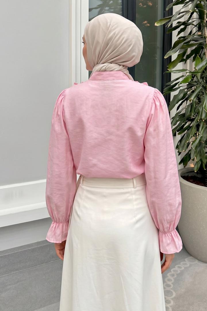 Şerit Fırfırlı Düğmeli Gömlek Y0096 - AÇIK PEMBE |  