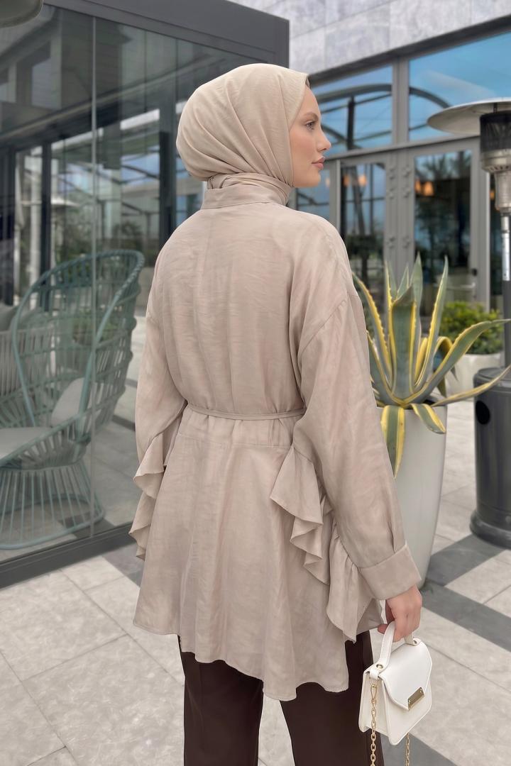 Volan Detaylı  Bağcıklı Tunik Y0136 - BEJ |  