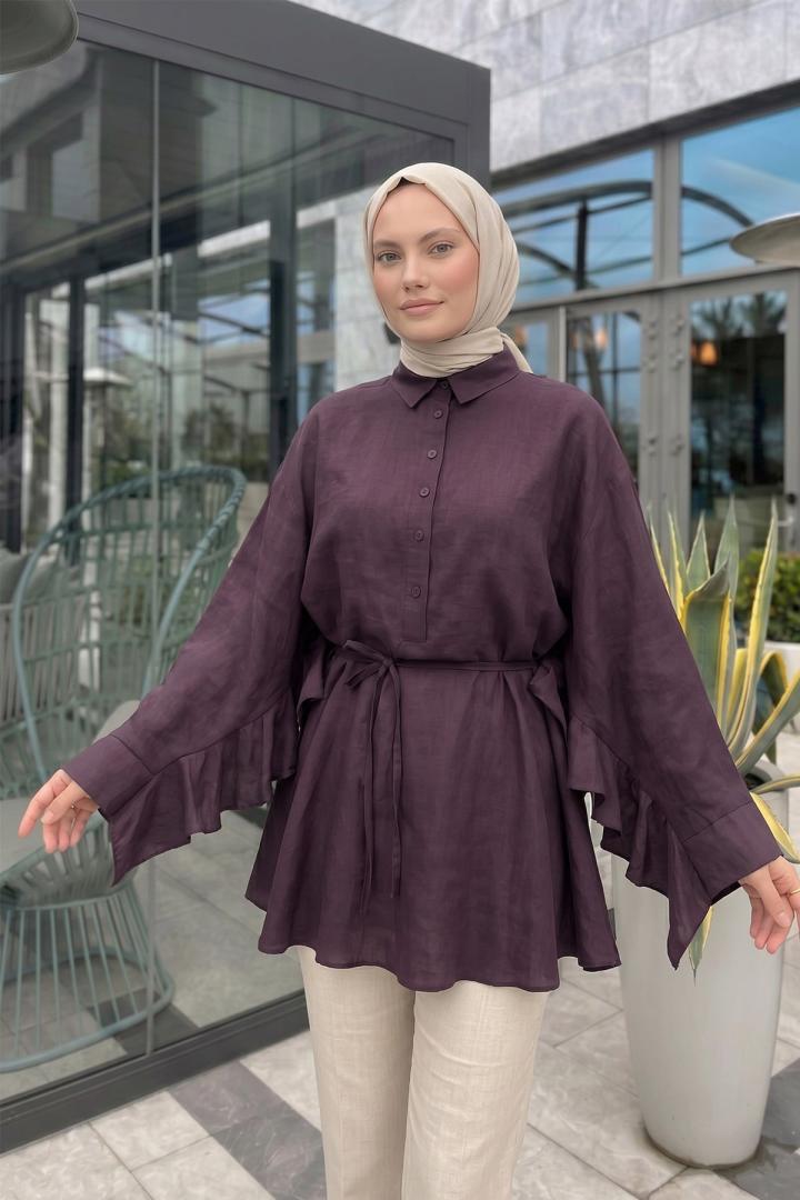 Volan Detaylı  Bağcıklı Tunik Y0136 - MÜRDÜM |  