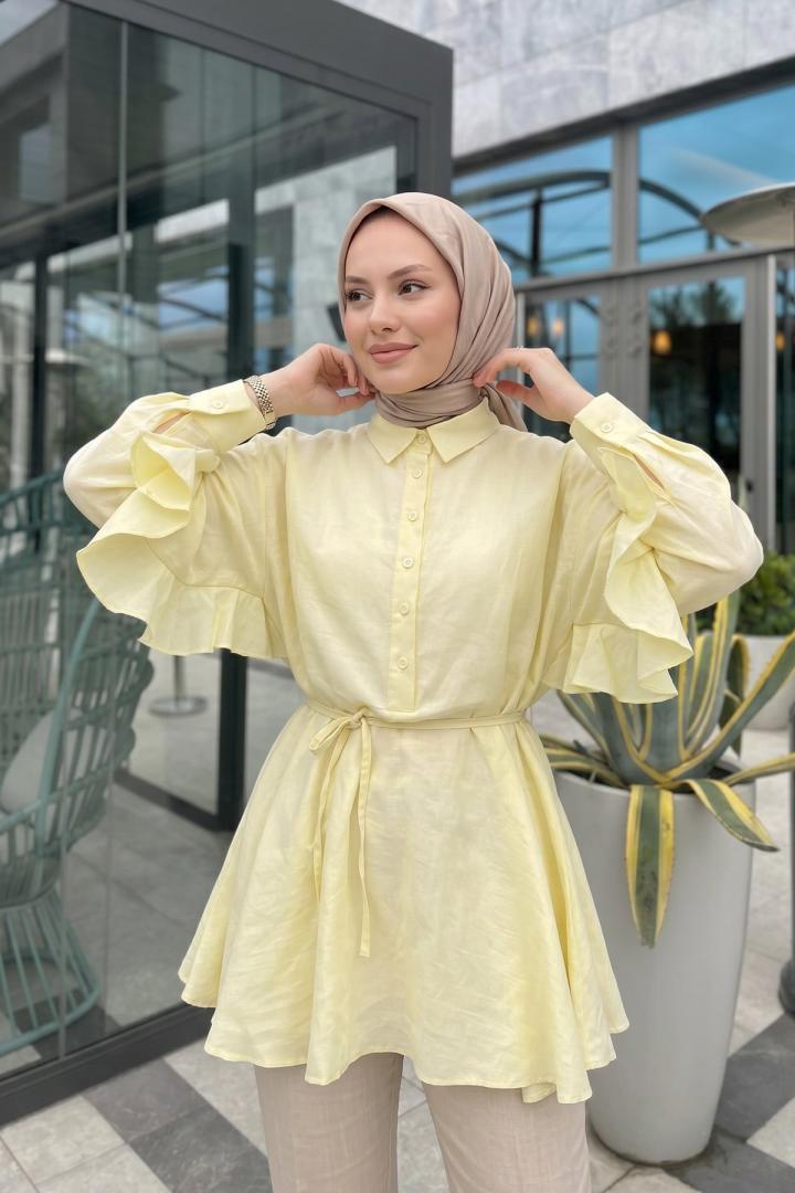 Volan Detaylı  Bağcıklı Tunik Y0136 - SARI |  