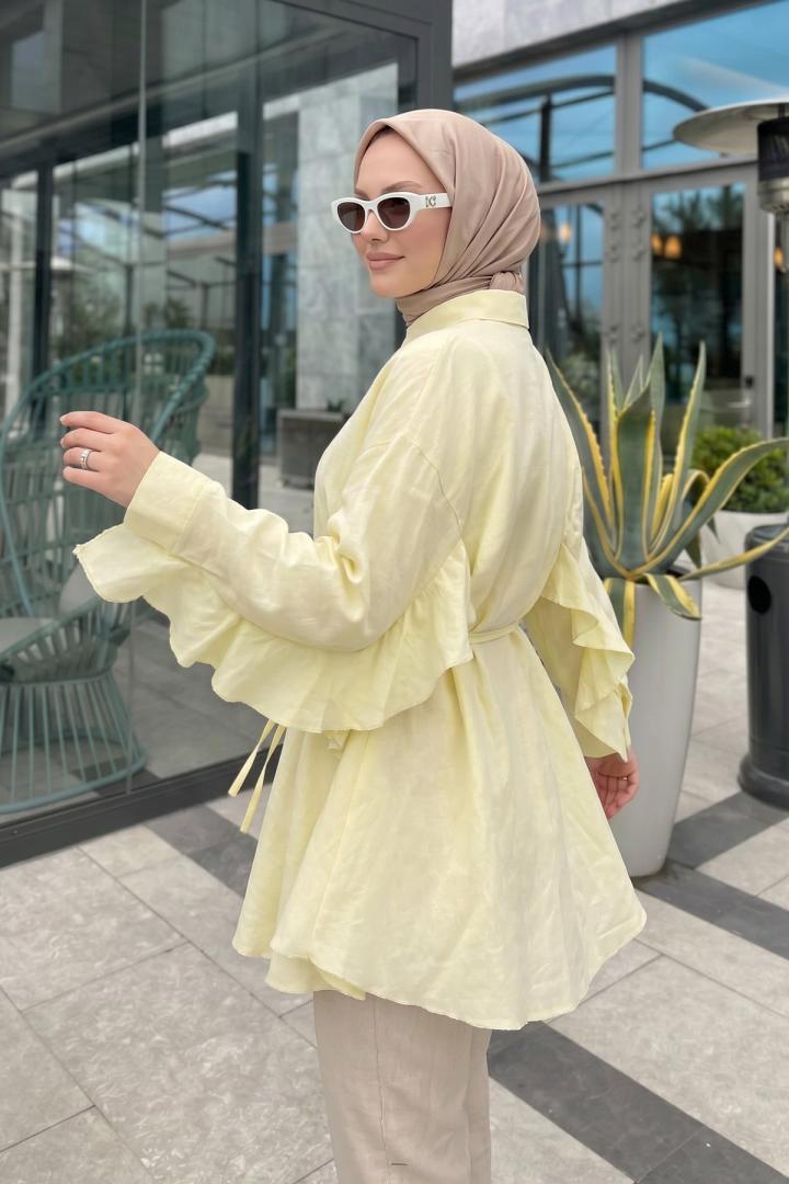 Volan Detaylı  Bağcıklı Tunik Y0136 - SARI |  