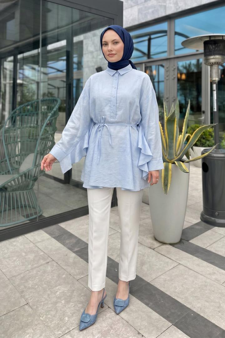 Volan Detaylı  Bağcıklı Tunik Y0136 - BEBE MAVİSİ |  