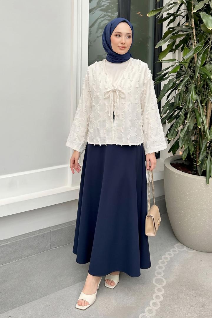 Çizgi Püsküllü Kimono 2353 - KIRIK BEYAZ |  