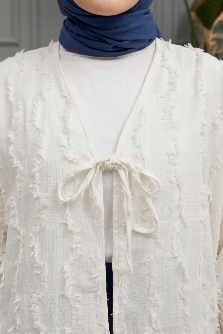 Çizgi Püsküllü Kimono 2353 - KIRIK BEYAZ |  