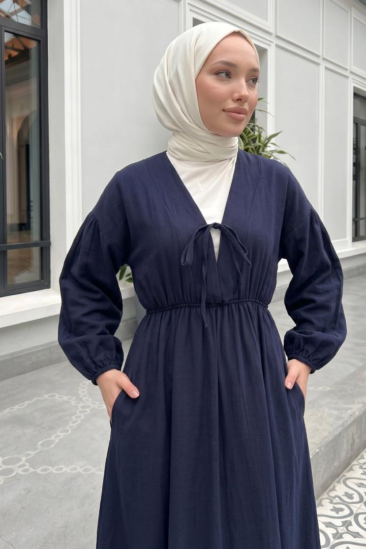 V Yaka Keten Elbise 3071 - LACİVERT |  