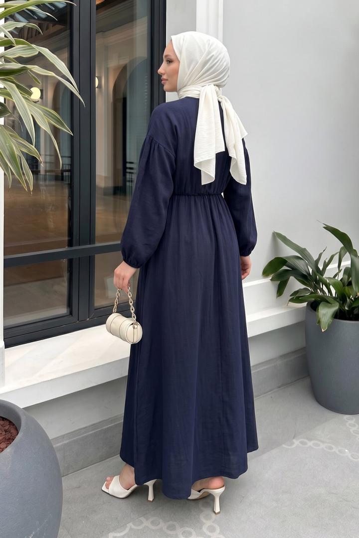 V Yaka Keten Elbise 3071 - LACİVERT |  