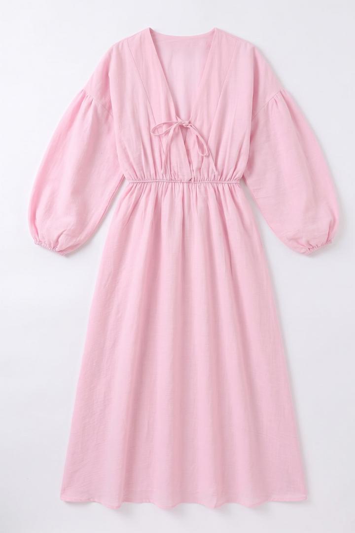 V Yaka Keten Elbise 3071 - PEMBE |  