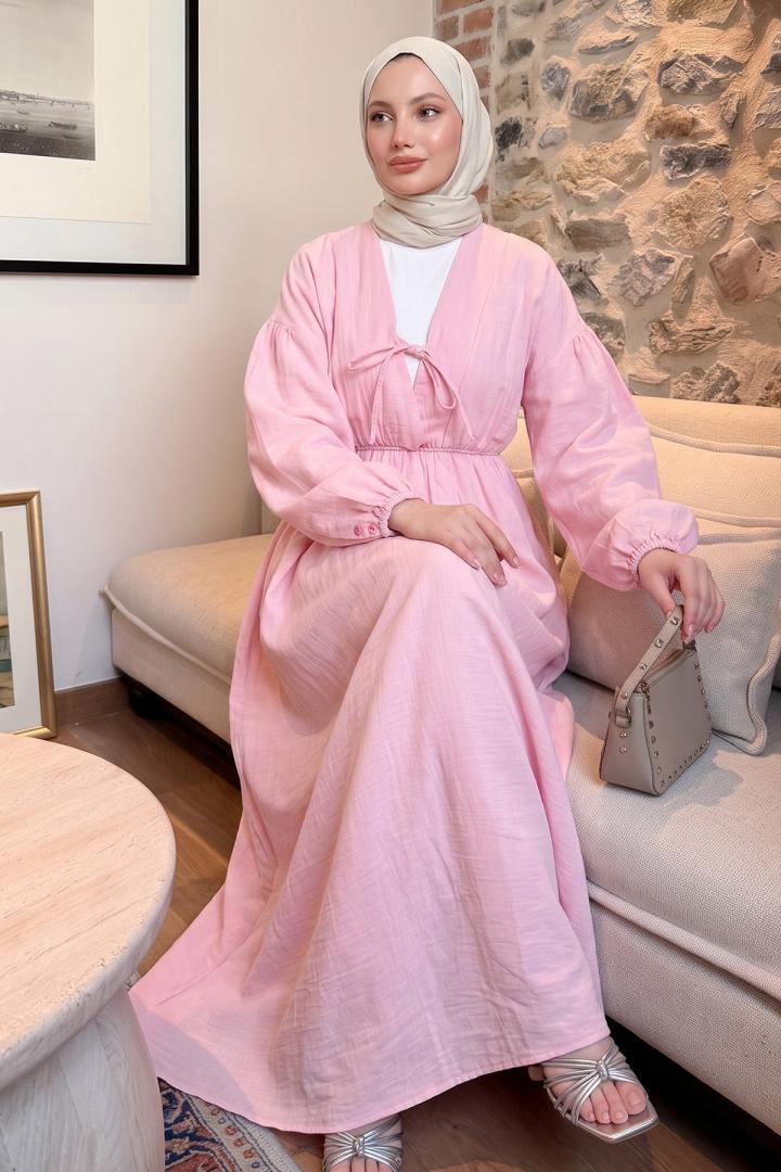V Yaka Keten Elbise 3071 - PEMBE |  