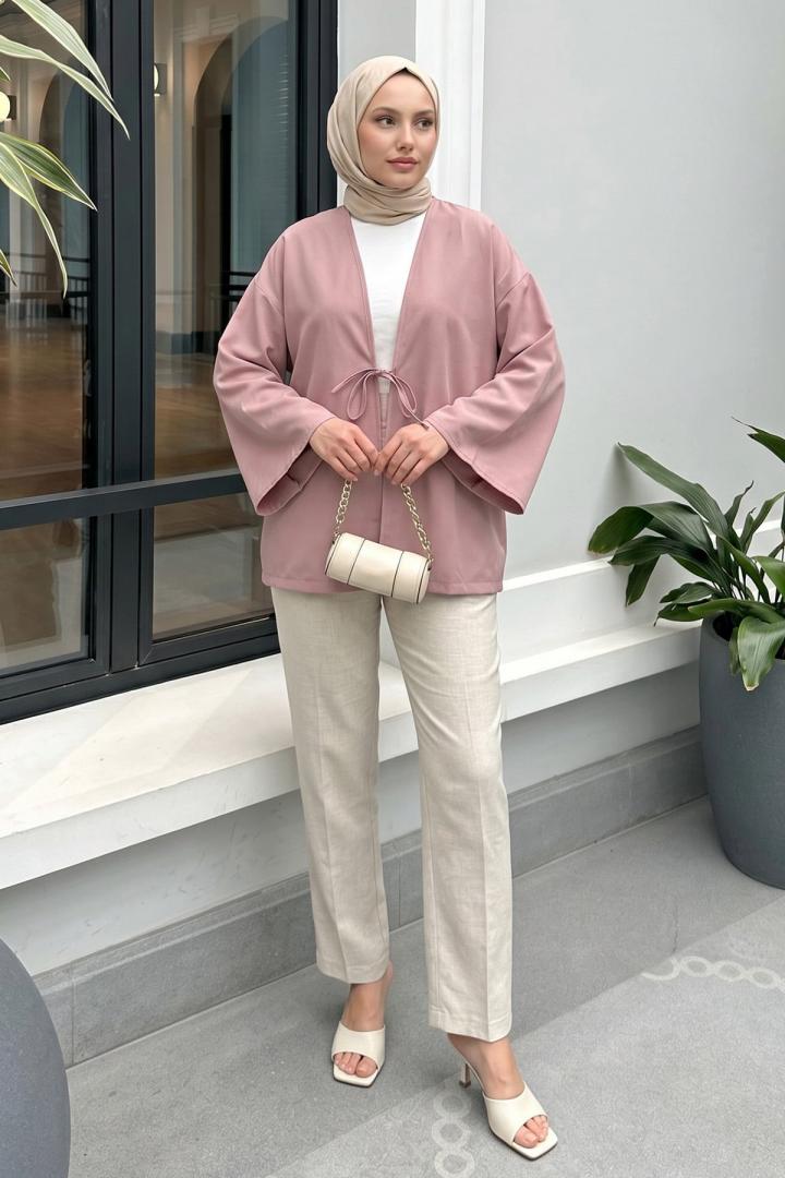 İp Bağcıklı Kimono 40046 - GÜL KURUSU |  
