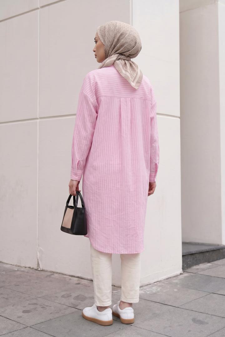 İnce Çizgili Uzun Tunik 3131 - AÇIK PEMBE |  