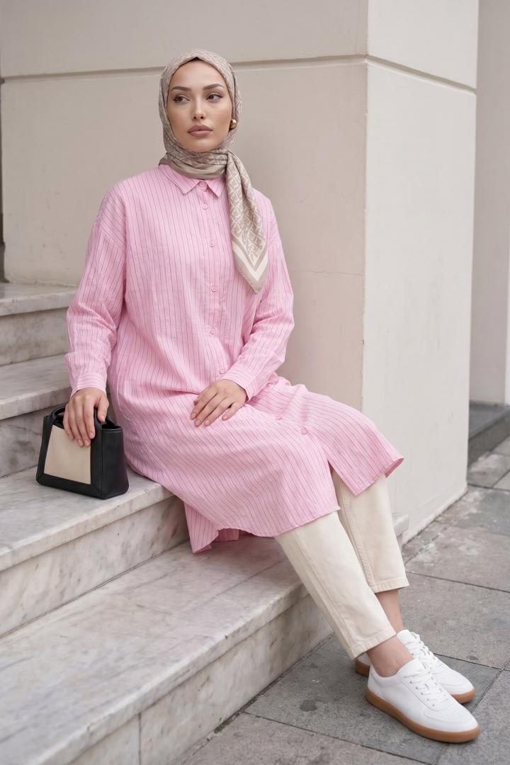 İnce Çizgili Uzun Tunik 3131 - AÇIK PEMBE |  