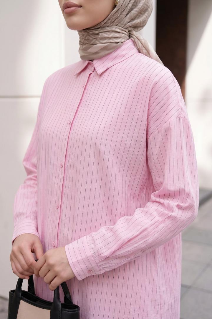 İnce Çizgili Uzun Tunik 3131 - AÇIK PEMBE |  