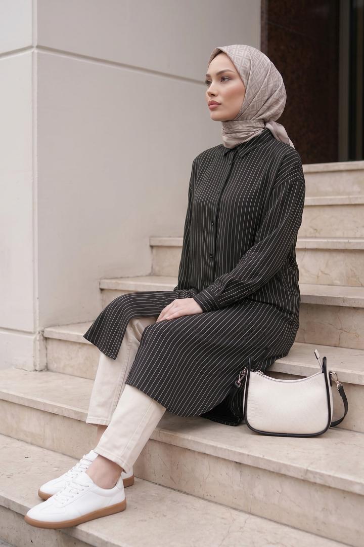 İnce Çizgili Uzun Tunik 3131 - SİYAH |  