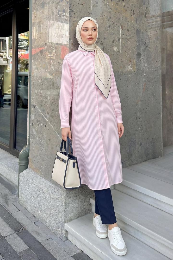 Çizgili Uzun Tunik 3125 - AÇIK PEMBE |  