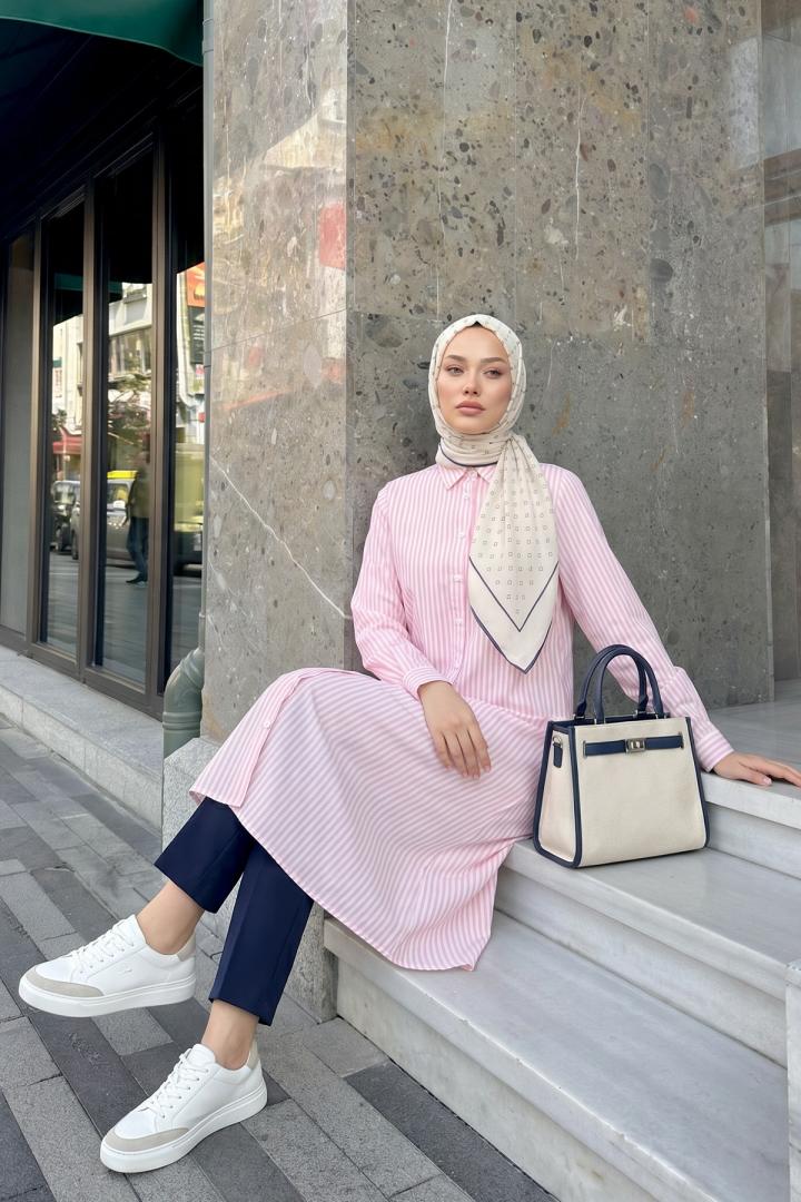 Çizgili Uzun Tunik 3125 - AÇIK PEMBE |  