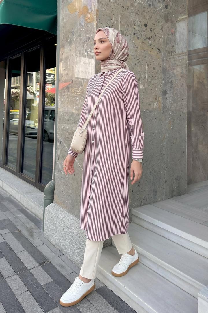 Çizgili Uzun Tunik 3125 - BORDO |  