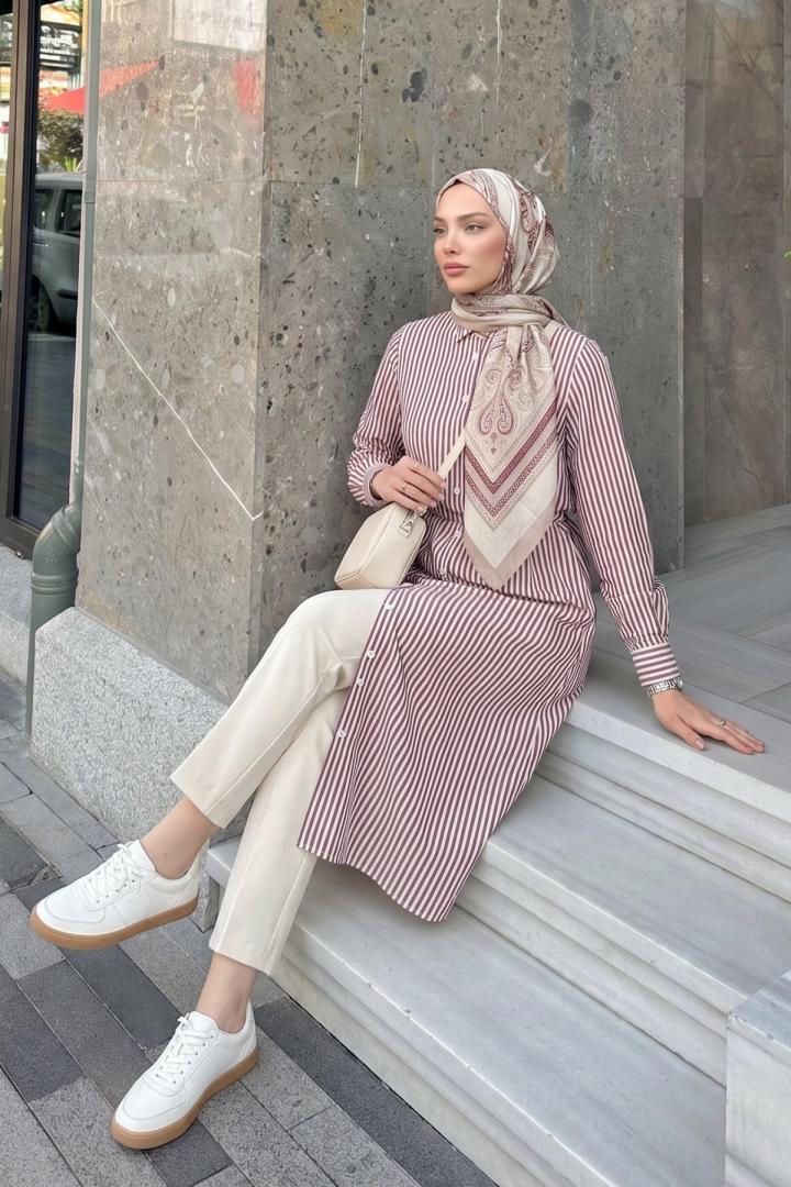 Çizgili Uzun Tunik 3125 - BORDO |  