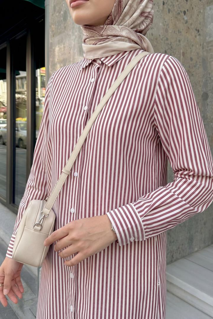 Çizgili Uzun Tunik 3125 - BORDO |  