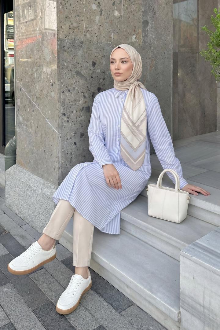 Çizgili Uzun Tunik 3125 - BEBE MAVİSİ |  